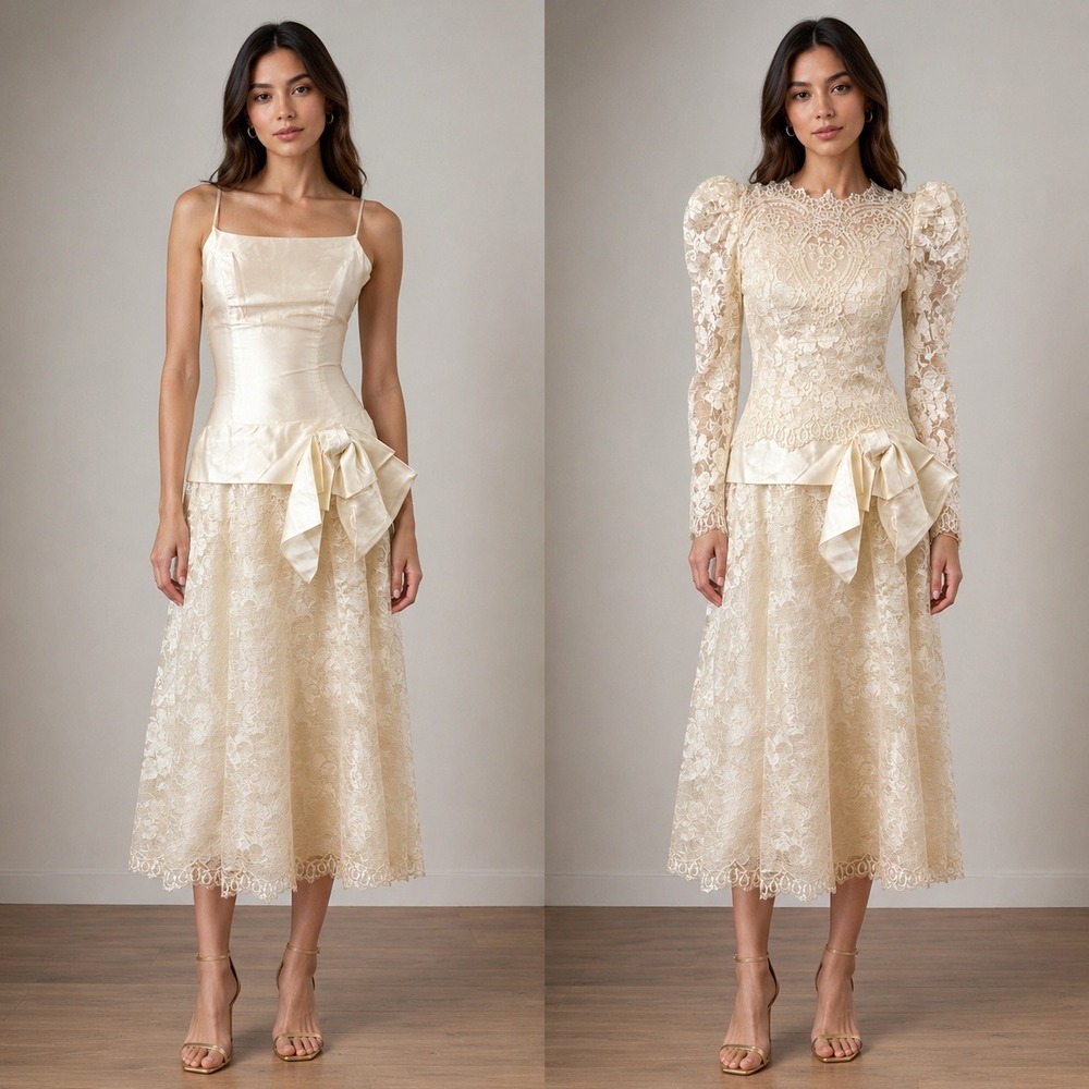 Vtg 80s Custom Wedding Dress Women XS Cream Lace Satin 2pc Tea Length Victorian